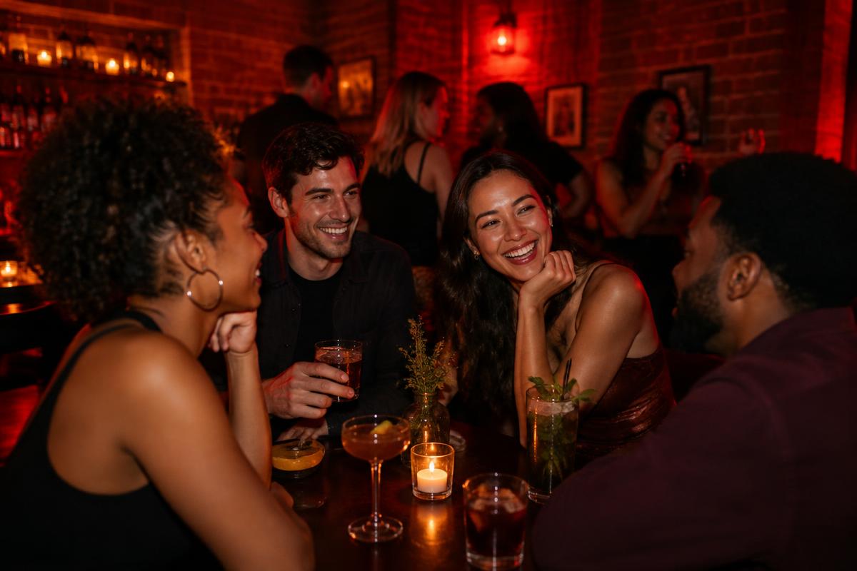 Friends sharing a lively evening at a local venue
